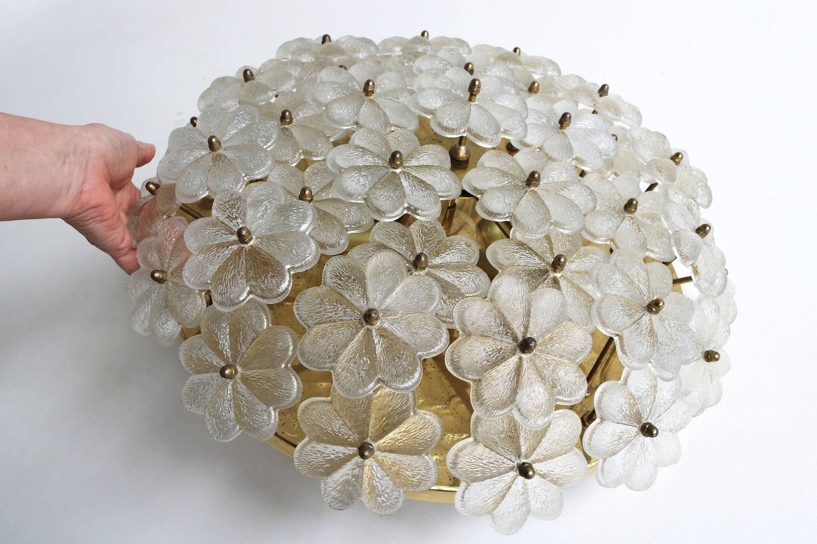 Xlarge Appr. 20" Diameter Mid Century Floral Murano Brass Crystal Glass Ceiling Light Ernst Palme Germany 1960 Flower Flush Mount Wall Light photo furniture