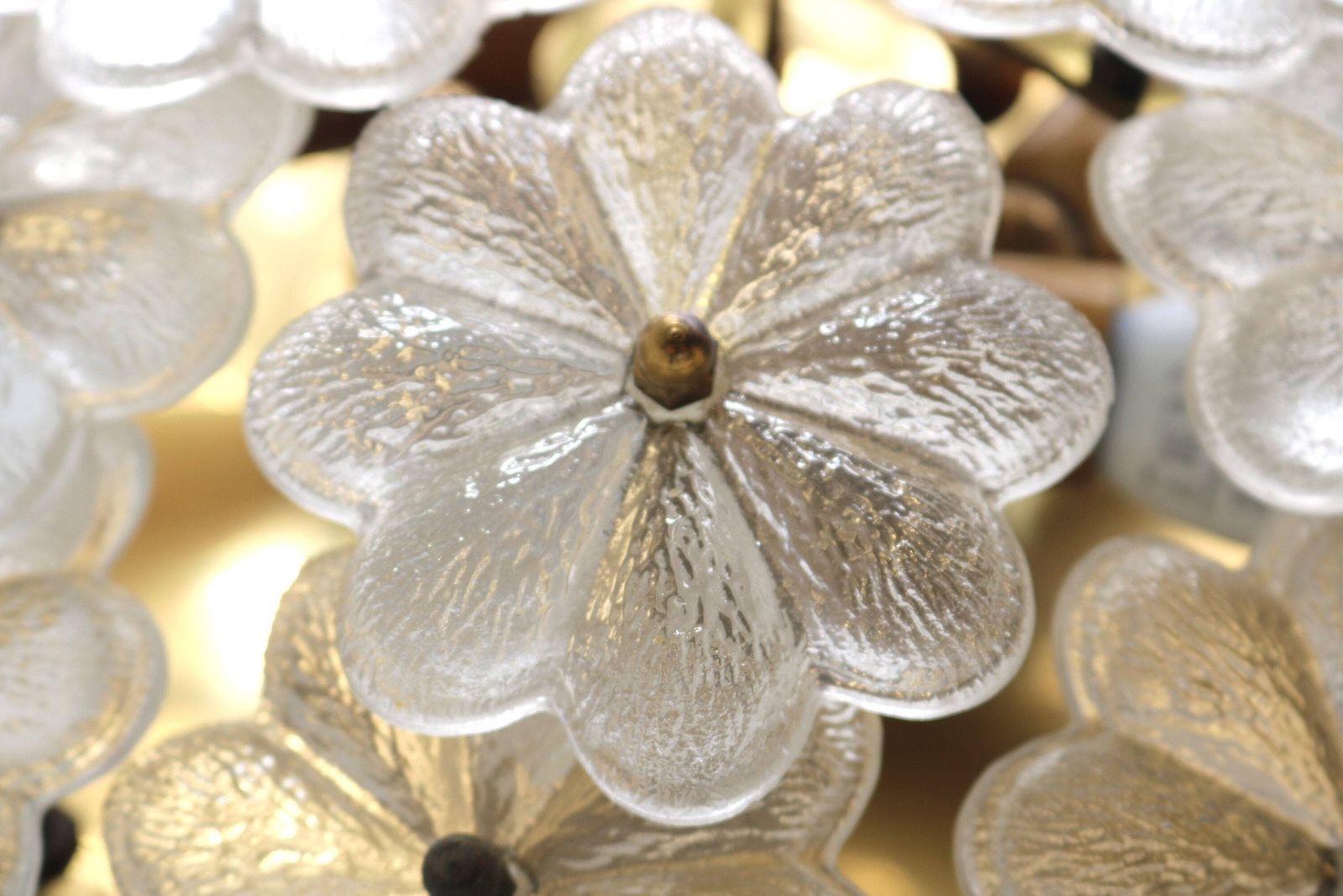 Xlarge Appr. 20" Diameter Mid Century Floral Murano Brass Crystal Glass Ceiling Light Ernst Palme Germany 1960 Flower Flush Mount Wall Light photo for sale