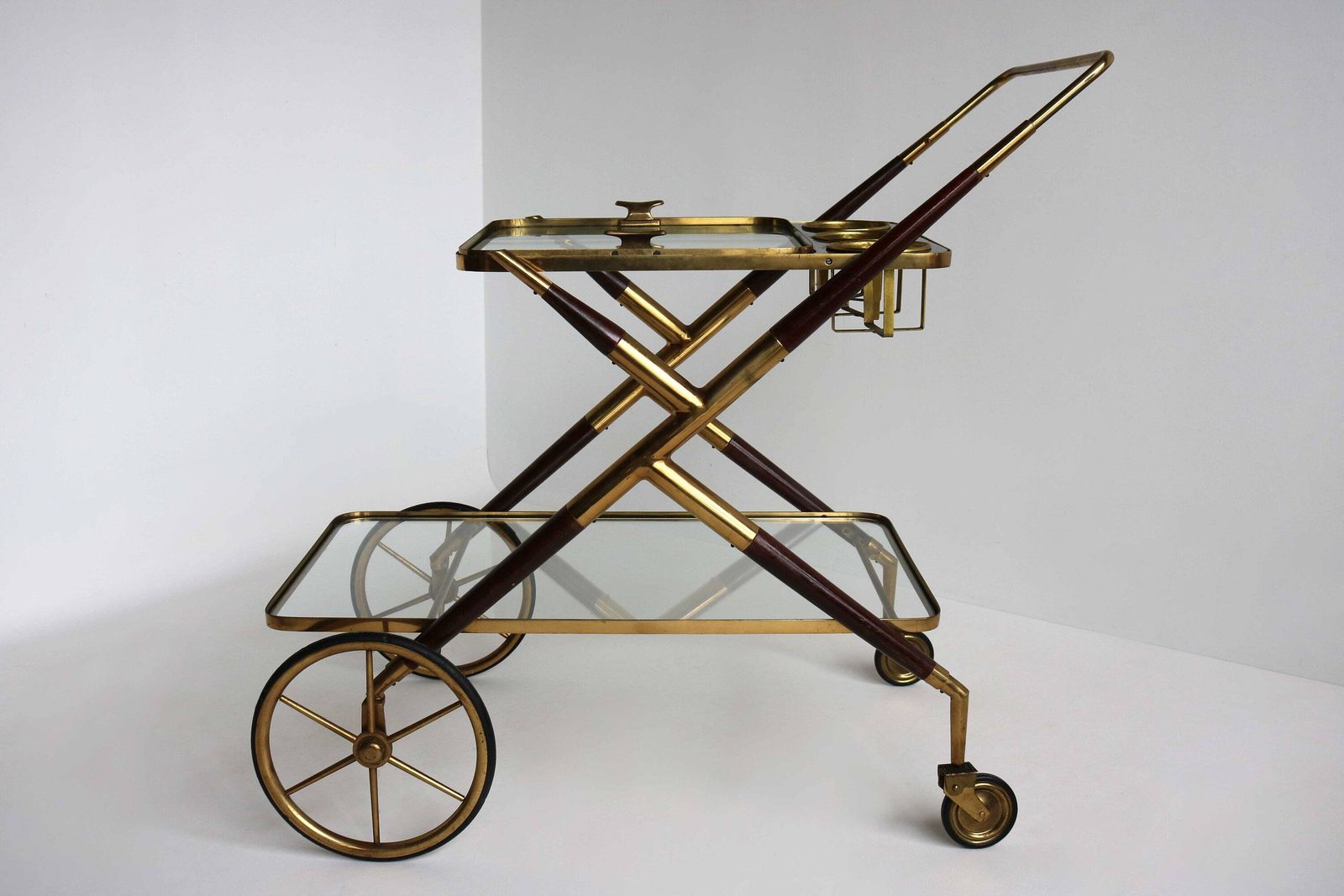 Mid Century Brass And Wood Italian Bar Cart Designed By Cesare Lacca 1957 Antique Side Table Serving Trolley Serving Tray Bottle Holder photo furniture