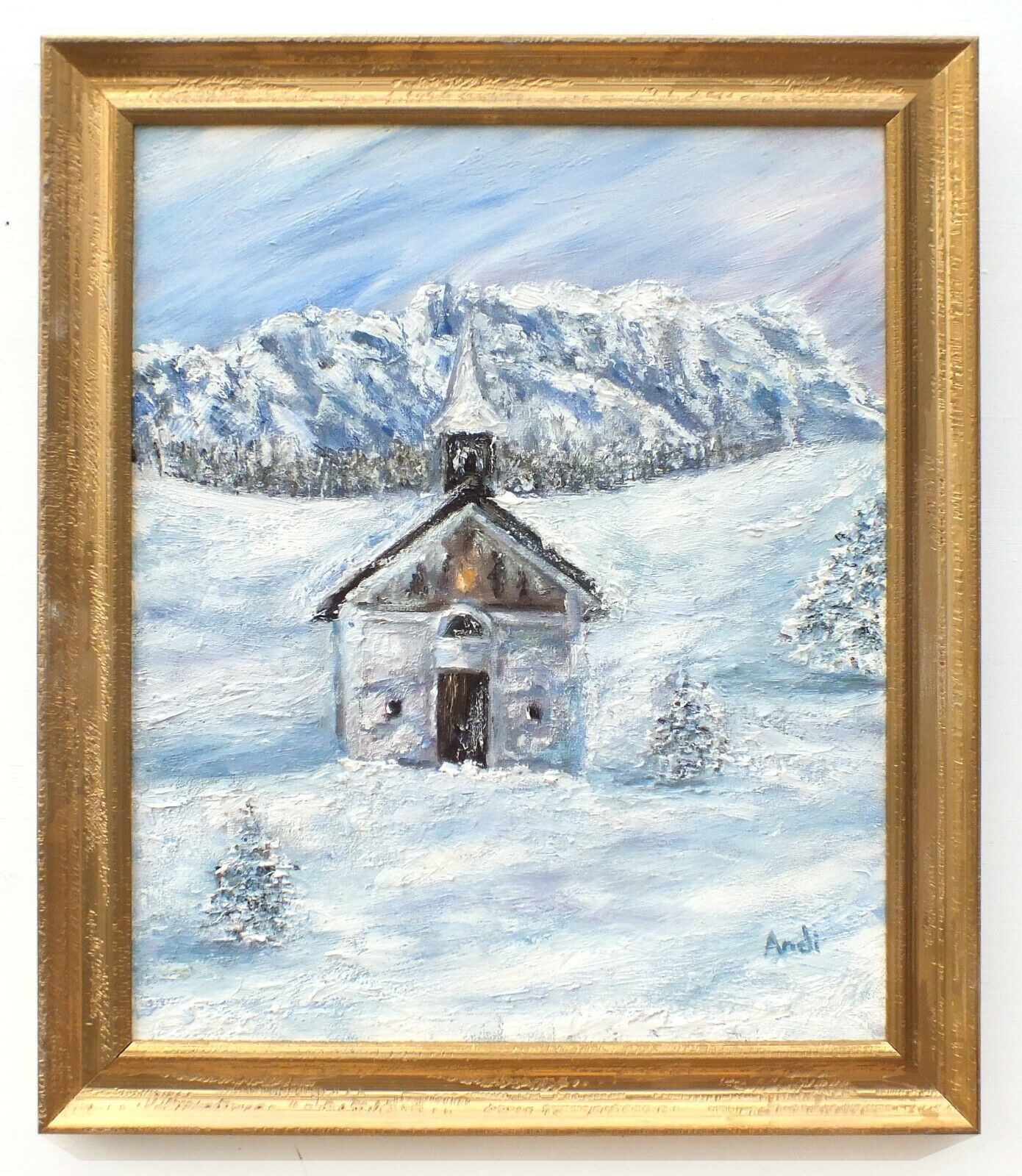 Alpine Church Winter Landscape Austrian Mountains Snow Scene Oil Painting Framed Andi Lucas