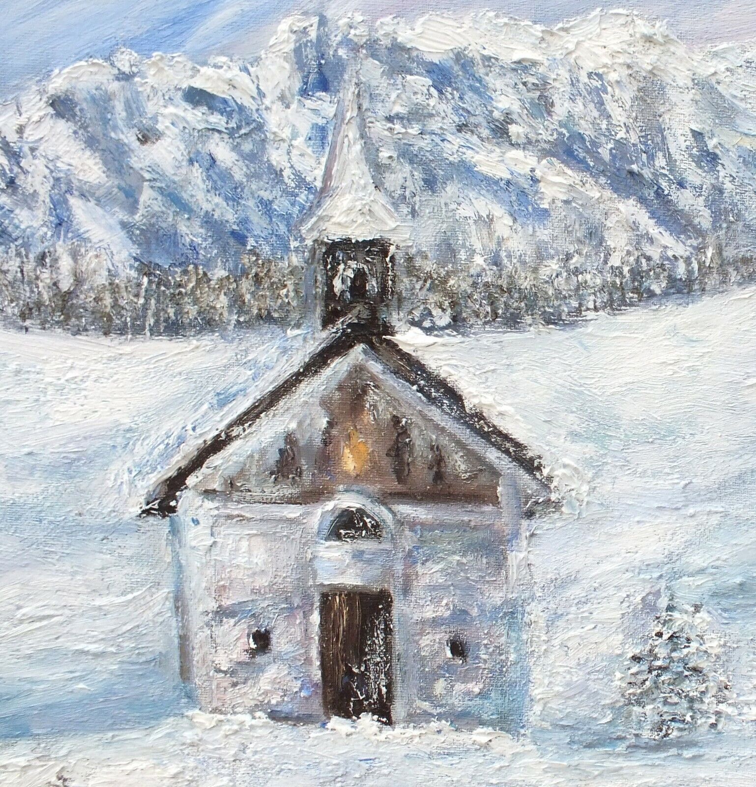 Alpine Church Winter Landscape Austrian Mountains Snow Scene Oil Painting Framed Andi Lucas photo 301.0