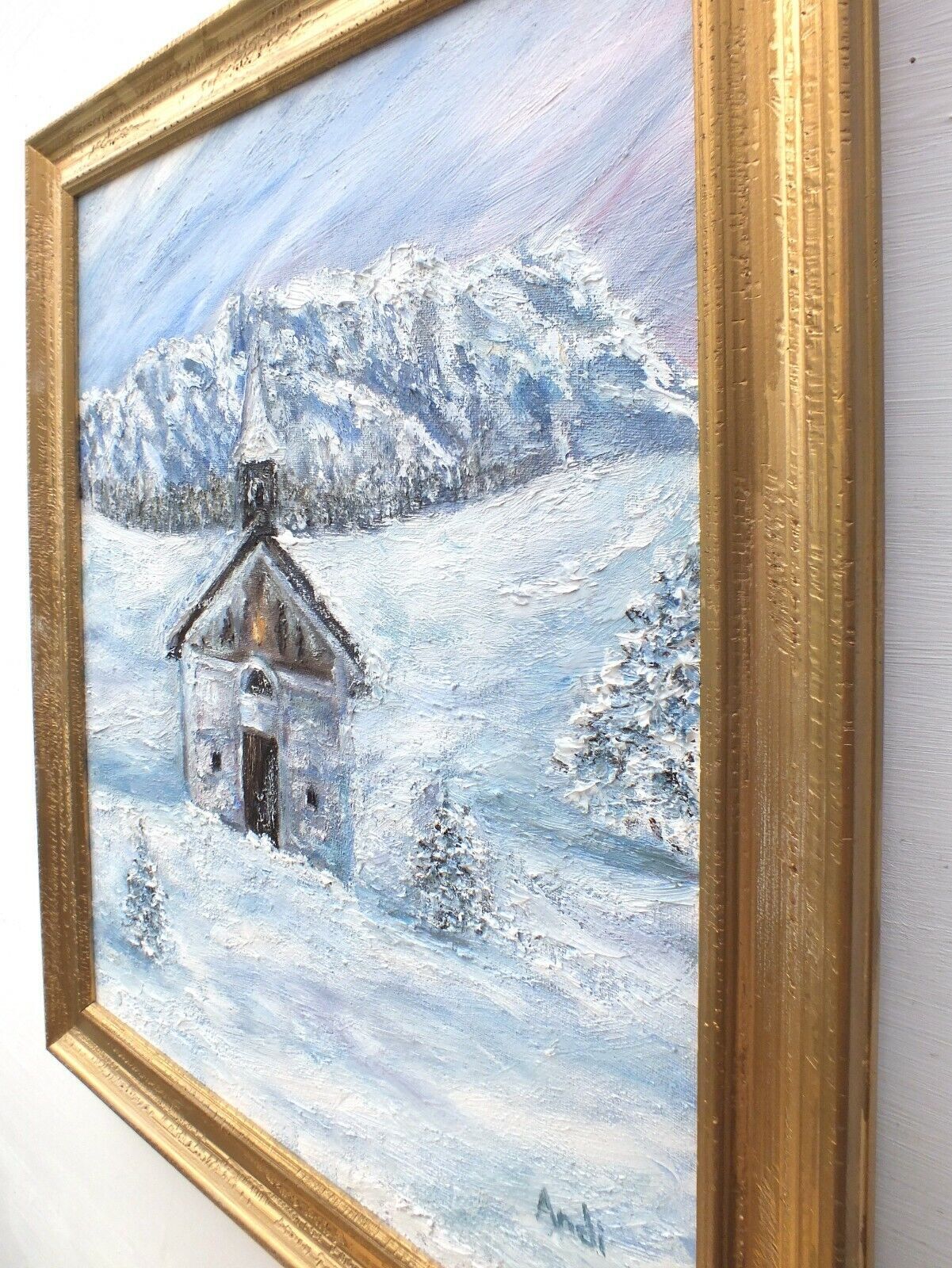 Alpine Church Winter Landscape Austrian Mountains Snow Scene Oil Painting Framed Andi Lucas photo vinterior