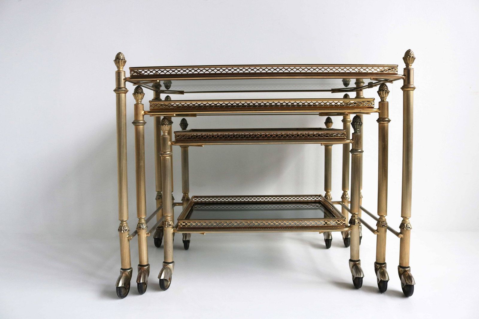 Neoclassical French Nesting Tables Maison Baguès Style Mid Century Smoked Glass Nesting Trolleys, Set Of 3 Vintage Side Tables 1960 photo vinterior