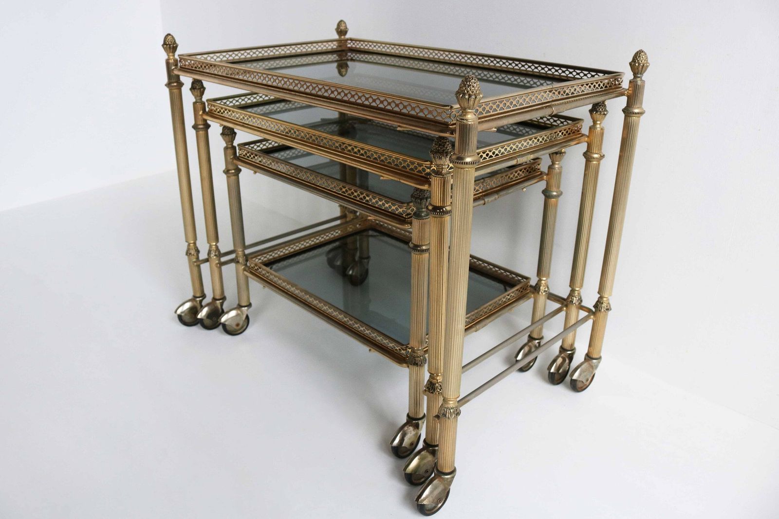 Neoclassical French Nesting Tables Maison Baguès Style Mid Century Smoked Glass Nesting Trolleys, Set Of 3 Vintage Side Tables 1960 photo buy