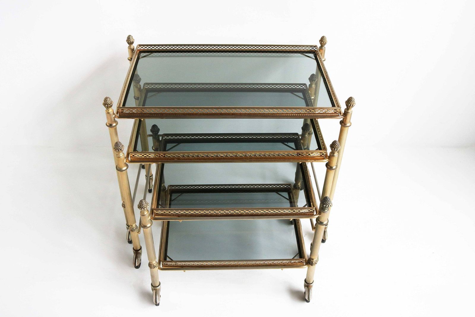 Neoclassical French Nesting Tables Maison Baguès Style Mid Century Smoked Glass Nesting Trolleys, Set Of 3 Vintage Side Tables 1960 photo vintage