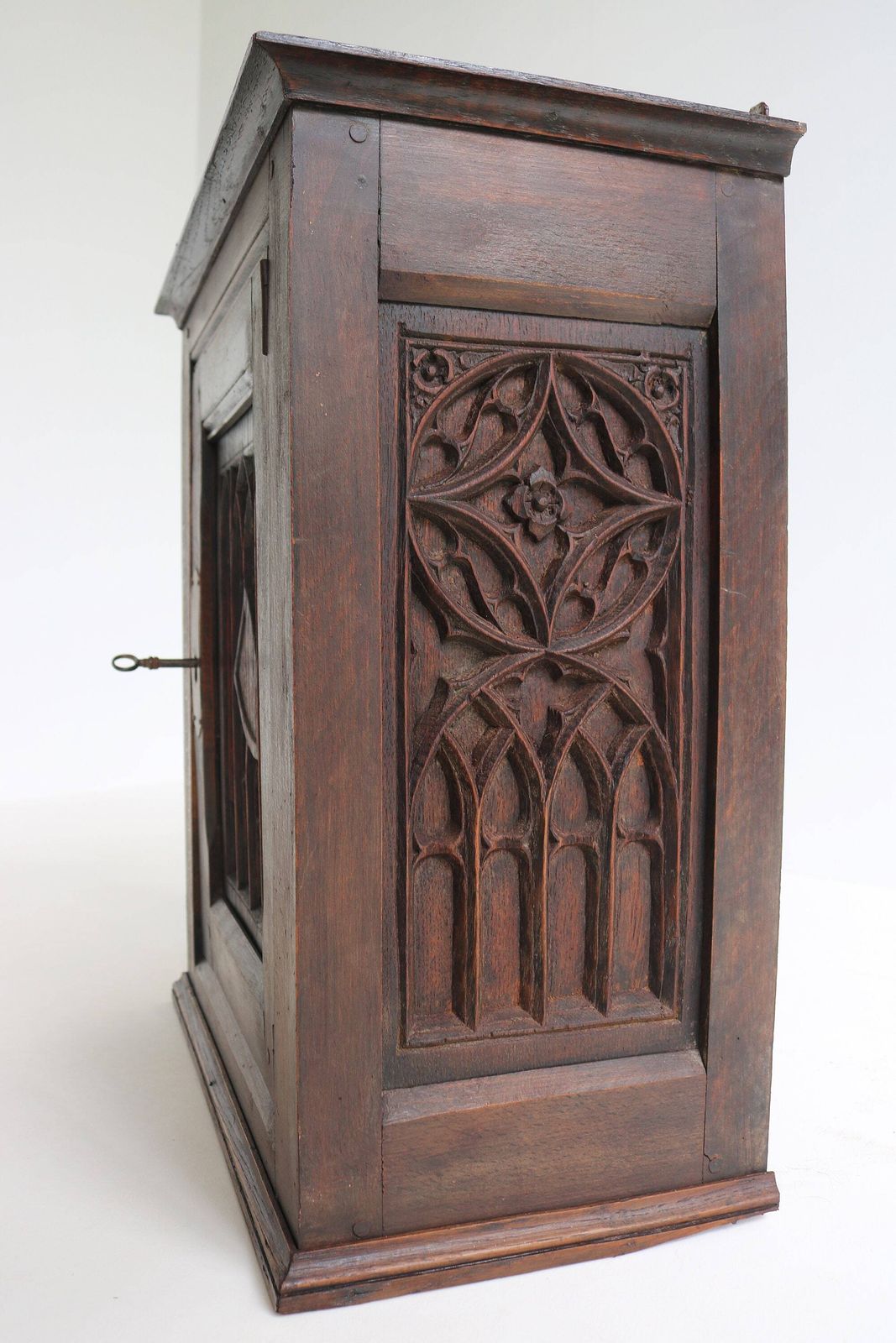 Authentic Antique Wooden, Carved Neo Gothic Small Wall Cabinet France 19th Century Medicine Cabinet Gothic Revival Craftsmanship photo for sale