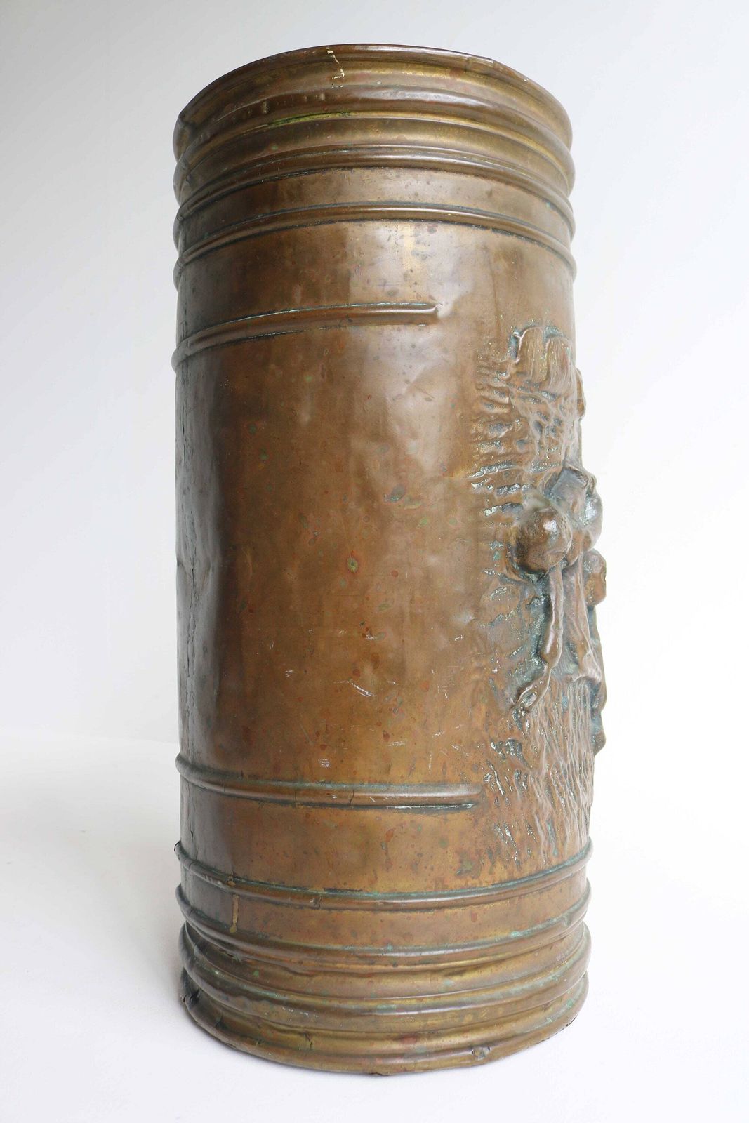Antique Handmade Cylindrical Form Deeply Embossed Walking Stick Stand Umbrella Stand Umbrella Holder Craftsmanship Farmer Scene 1920 1930s photo 535.0