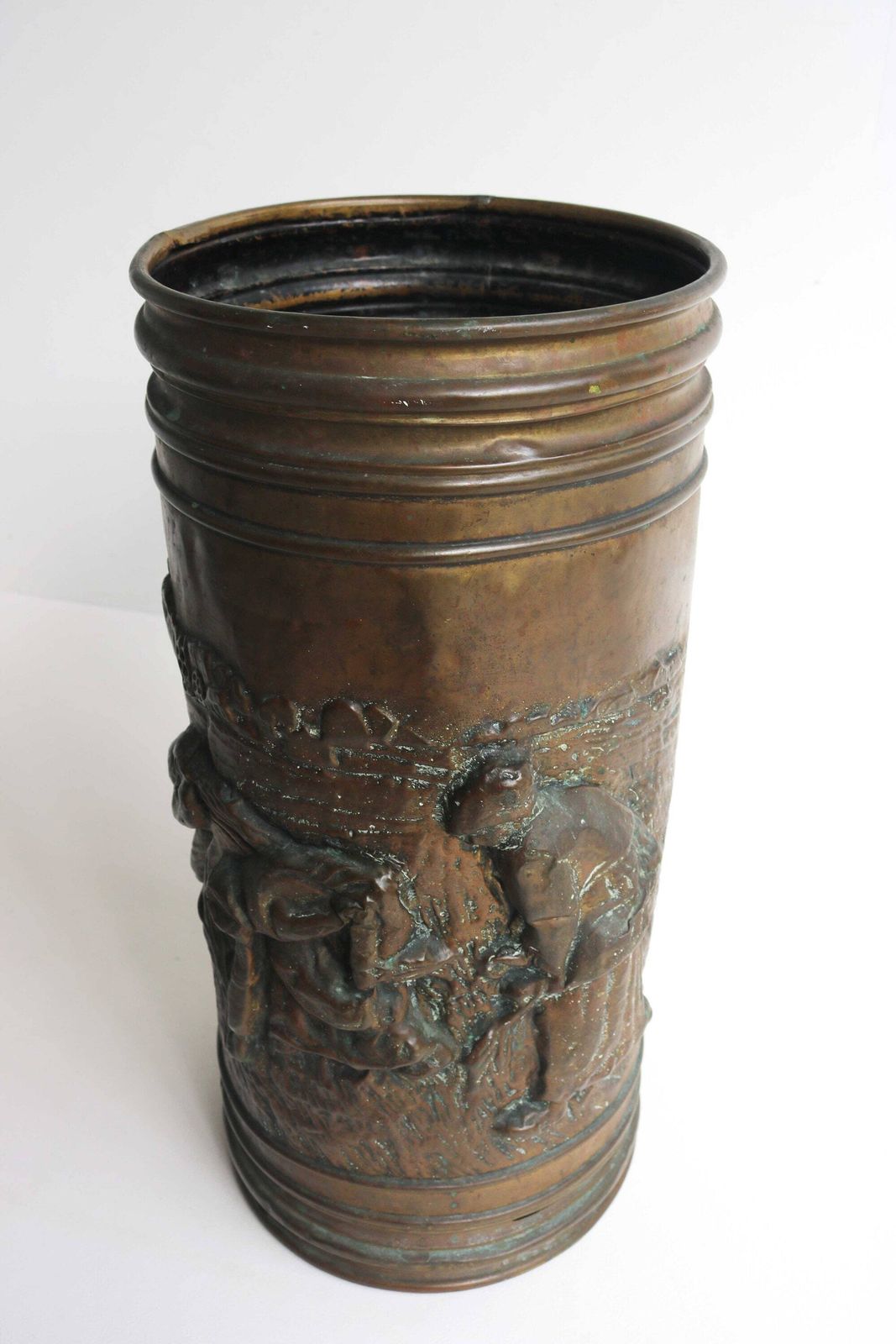 Antique Handmade Cylindrical Form Deeply Embossed Walking Stick Stand Umbrella Stand Umbrella Holder Craftsmanship Farmer Scene 1920 1930s photo vintage