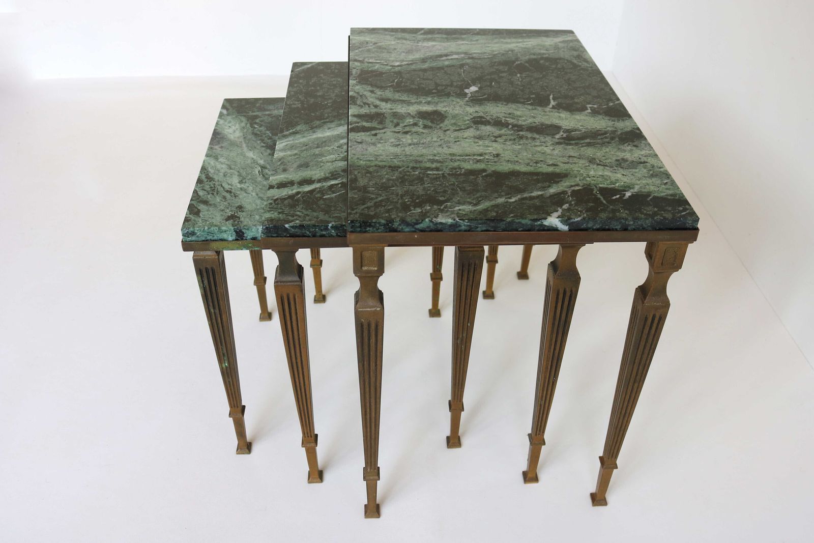 Regency Brass And Marble Nesting Side Tables, Style Maison Jansen Mid Century Nest Of Tables With Green Marble Tops France Louis XVI Empire photo buy