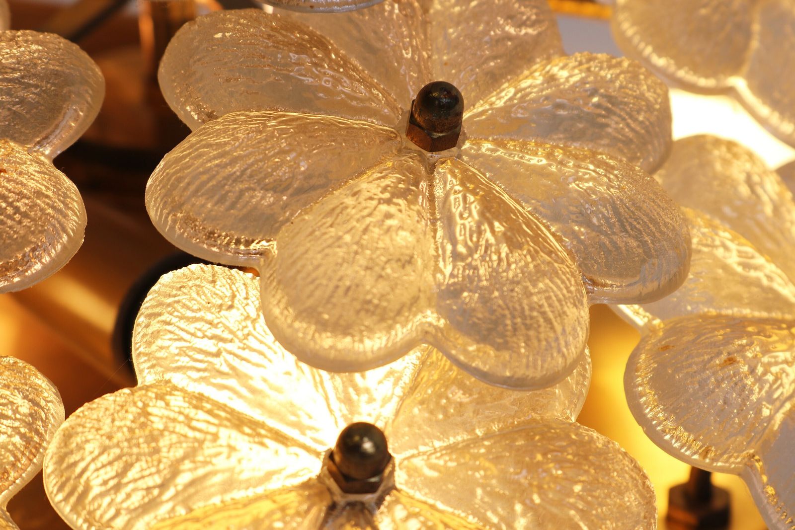 Large Appr. 16" Diameter Mid Century Floral Murano Brass Crystal Glass Ceiling Light Ernst Palme Germany 1960 Flower Flush Mount Wall Light photo for sale