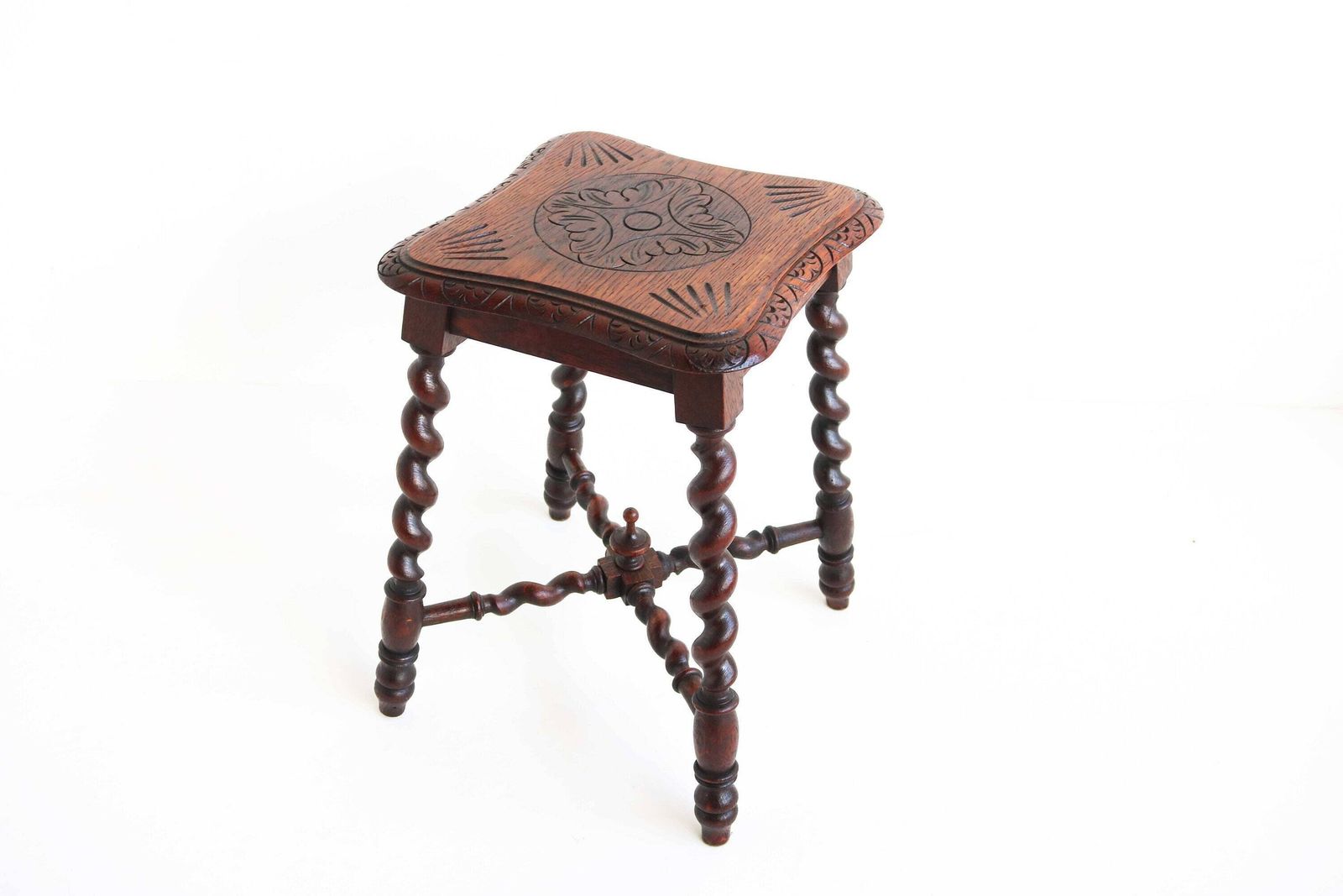 Rustic English Oak Stool Antique Victorian Style Carved Wood Carved Stool Barley Twist Stool Side Table Kettle Stand Country Home 1880 1900