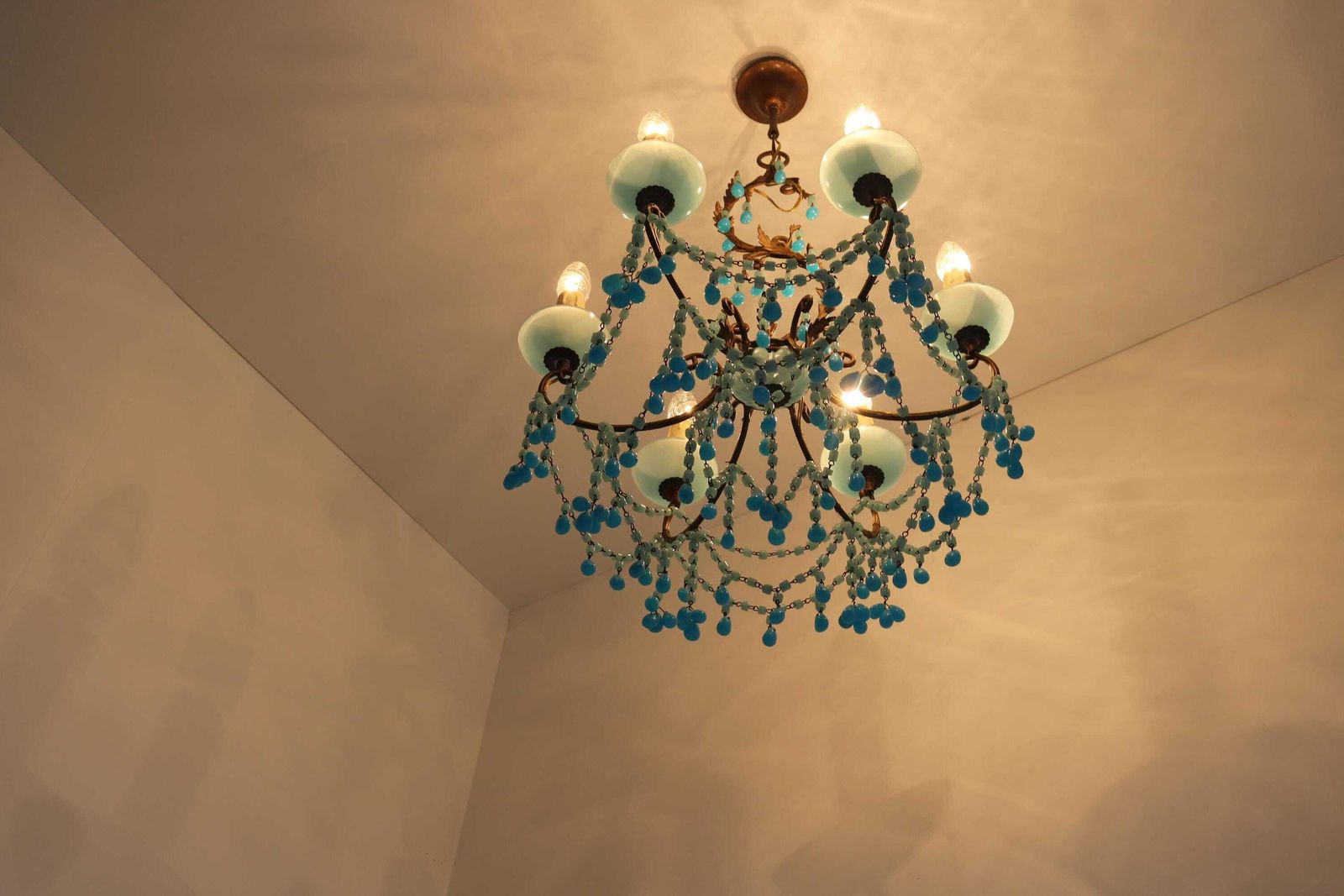 Antique French Murano Blue Beads Swags Opaline Beaded Candelier Macaroni Beads Chandelier Hanging Pendant Light Small Stones Ca. 1920 photo vinterior
