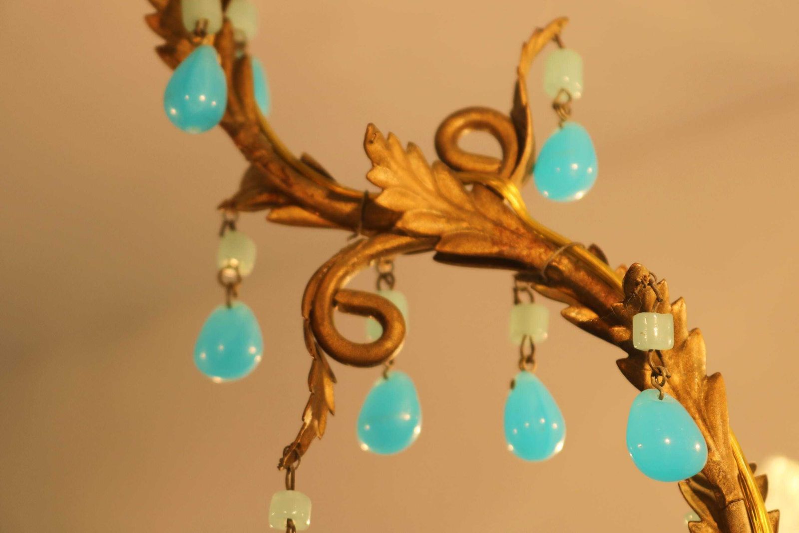 Antique French Murano Blue Beads Swags Opaline Beaded Candelier Macaroni Beads Chandelier Hanging Pendant Light Small Stones Ca. 1920 photo vintage