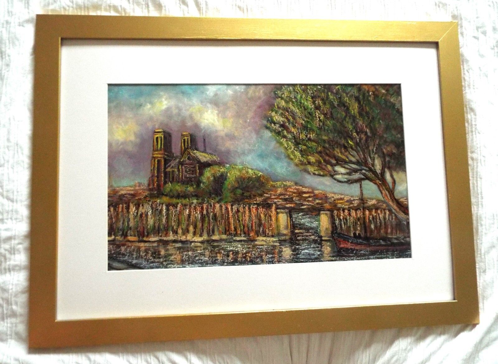 Notre Dame Paris From The Banks Of The River Seine, Original Framed Oil Painting photo buy