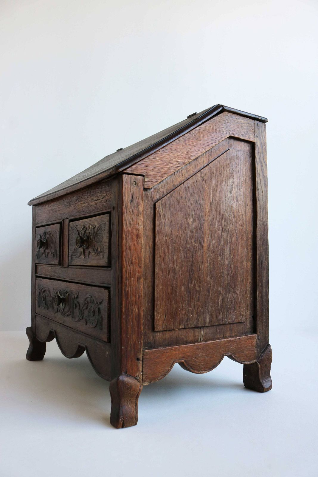 Antique Child Secretaire Small Slanted Lift Top Desk Children's Oak Petit Bureau 19th Century 1870s Hand Carved Griffins / Dragons photo Furniture