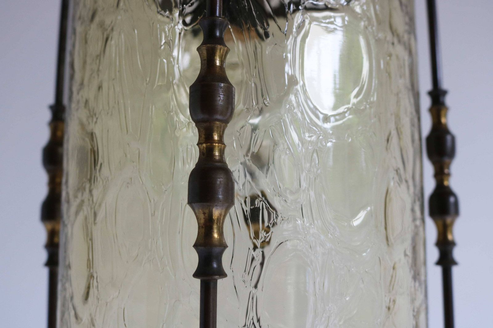 Antique Style Brass Vintage Chandelier Pendant Lantern Hanging Lamp Textured Cylinder Glass Cylindrical French Entryway Hall Light 1950s photo vinterior