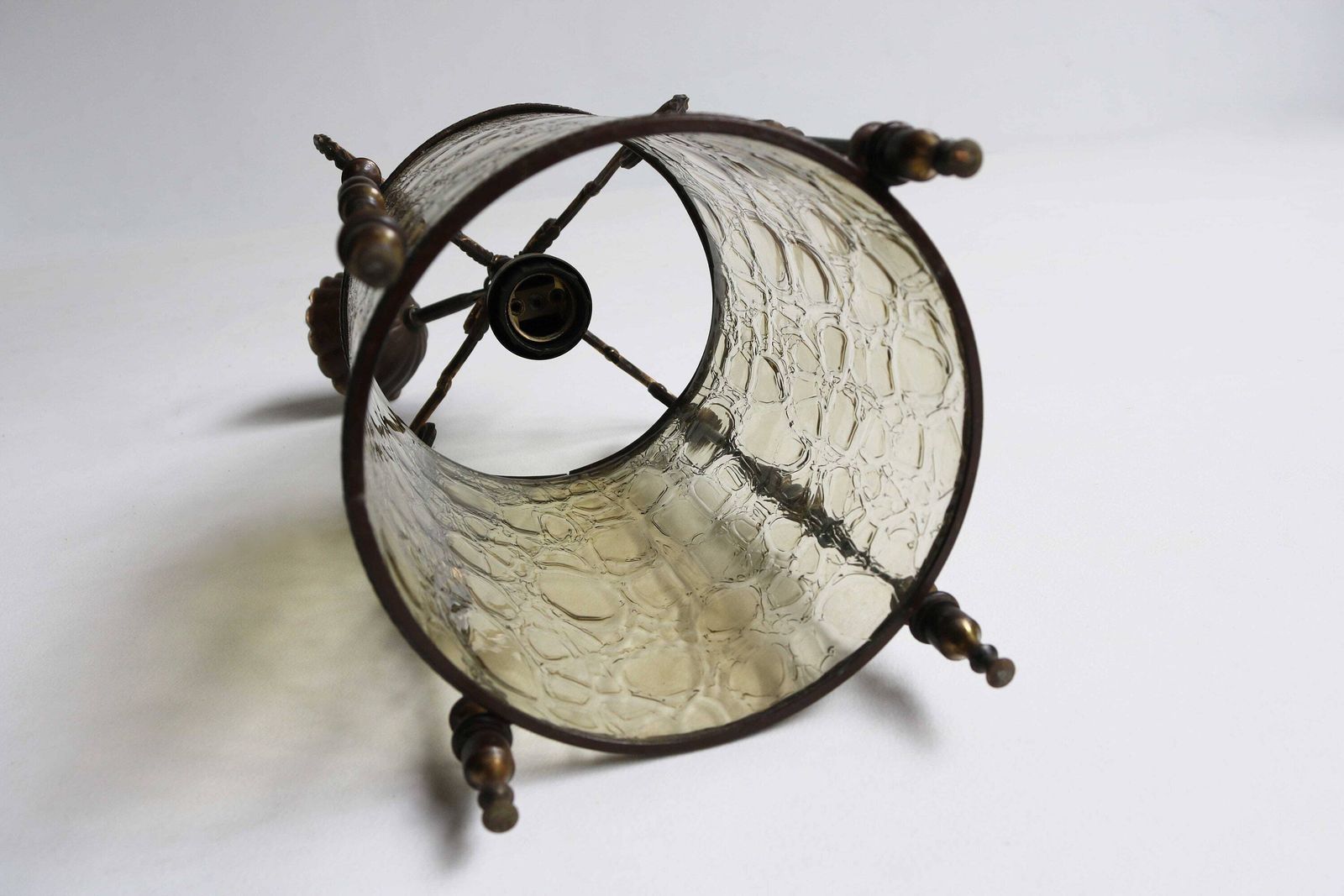 photo for sale Antique Style Brass Vintage Chandelier Pendant Lantern Hanging Lamp Textured Cylinder Glass Cylindrical French Entryway Hall Light 1950s