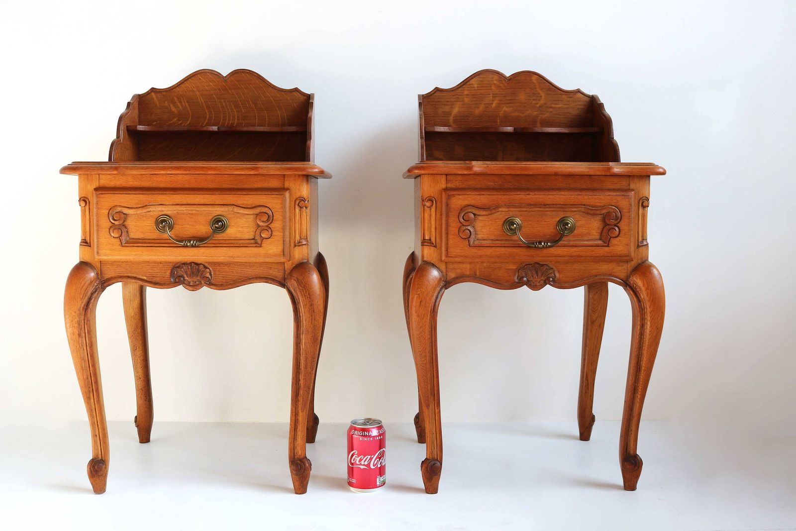 photo for sale Couple Louis XV Style Drawer And Shelf Bedside Tables Set Of 2 French Provincial Nightstands Oak Side Tables Wooden Cabinets Midcentury 60s
