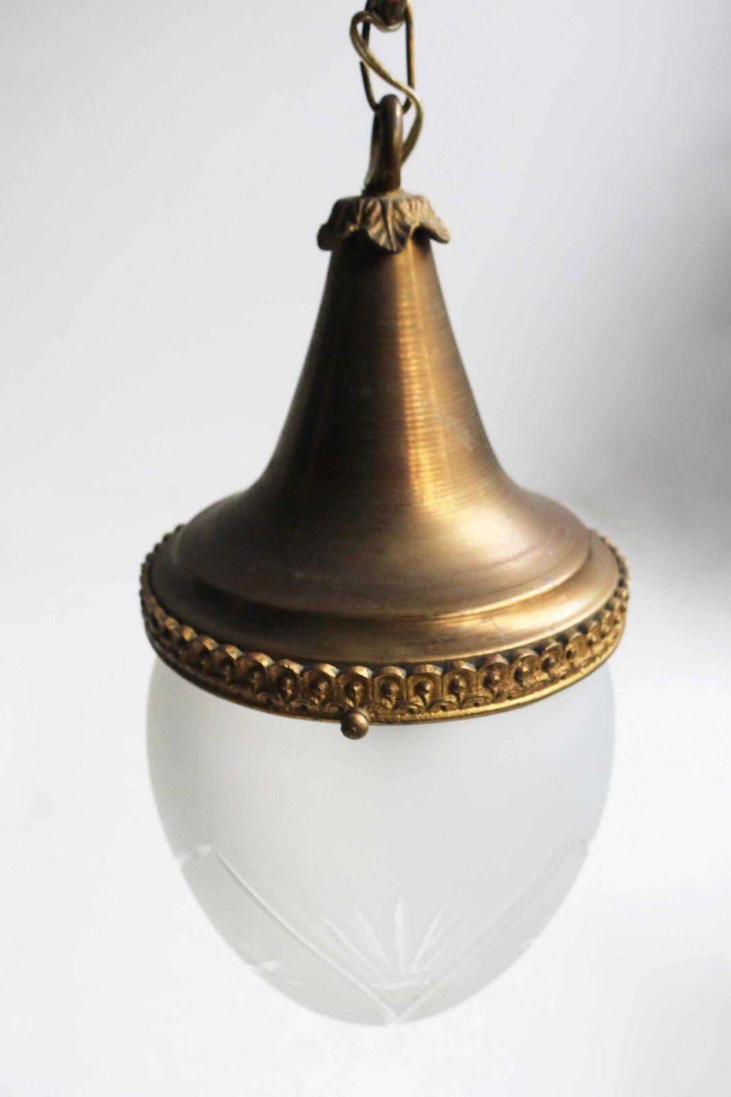 Antique French Hanging Lamp In Gilded Brass And Frosted Etched Glass Teardrop Shape Ceiling Lamp Pendant Light Ca. 1910 photo buy
