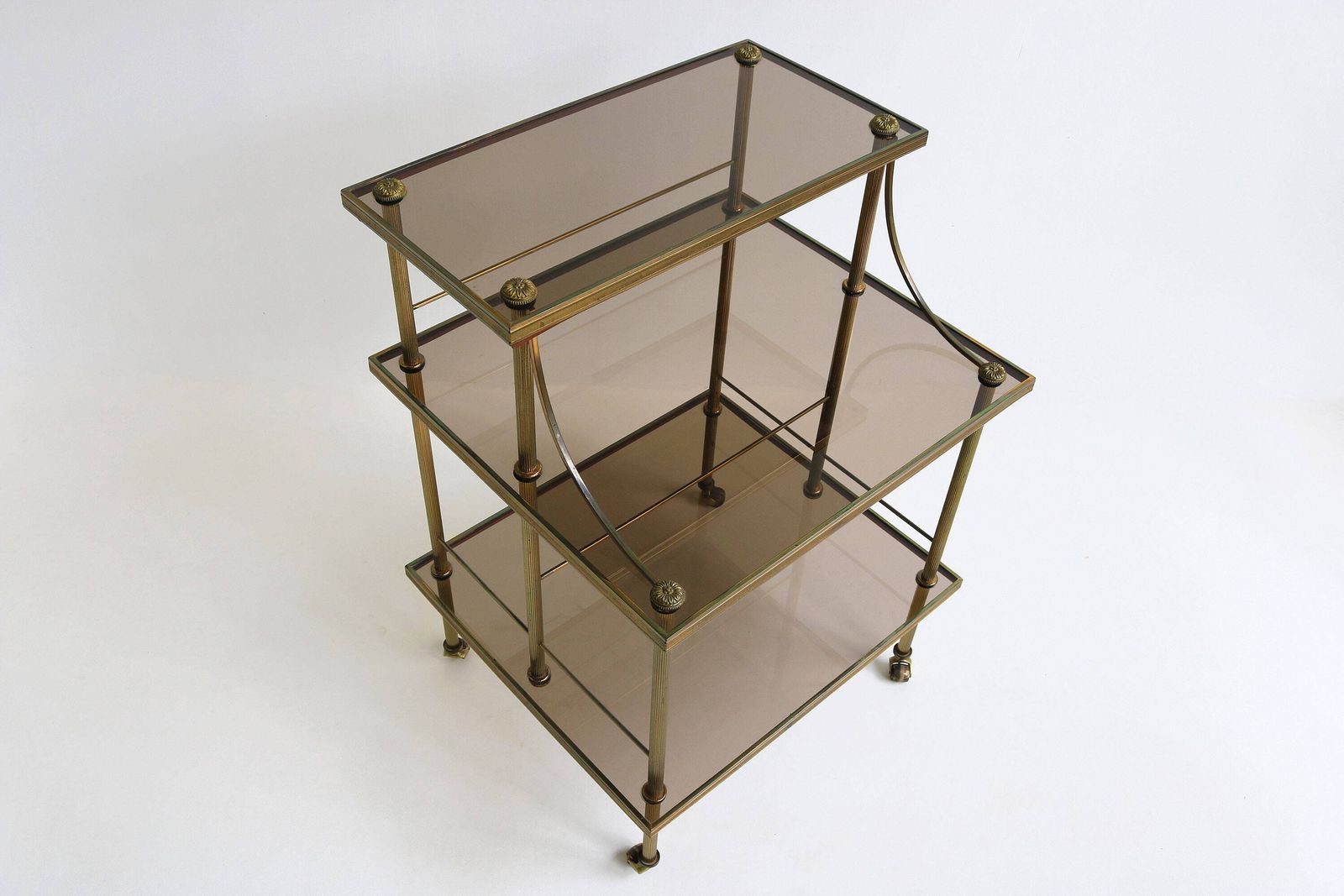 Quality French Brass & Smoked Glass Drinks Trolley Hollywood Regency Serving Trolley Mid Century Tiered Side Table Jansen Bagues Style 1970