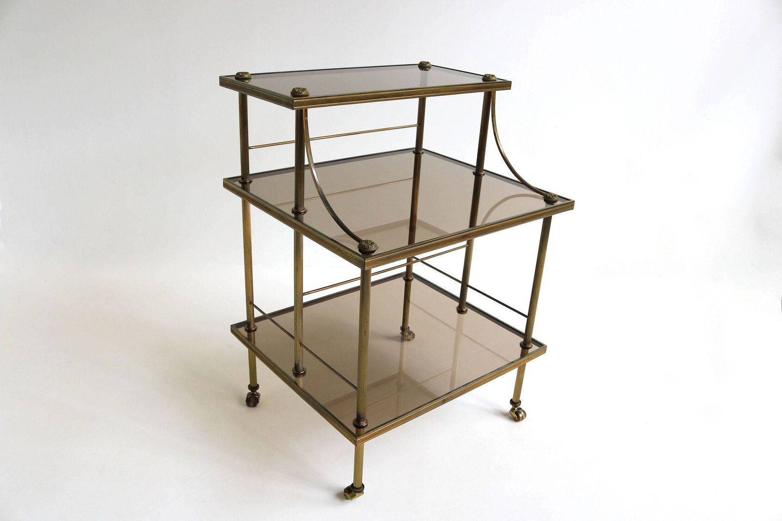 Quality French Brass & Smoked Glass Drinks Trolley Hollywood Regency Serving Trolley Mid Century Tiered Side Table Jansen Bagues Style 1970 photo furniture