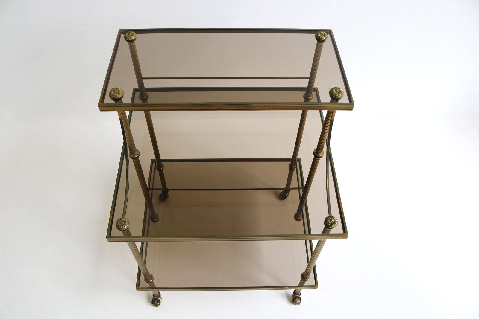 Quality French Brass & Smoked Glass Drinks Trolley Hollywood Regency Serving Trolley Mid Century Tiered Side Table Jansen Bagues Style 1970 photo Furniture