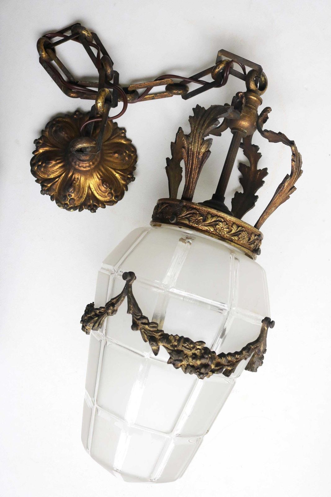 Antique French Bronze Hanging Lamp In Gilded Brass And Satin Cut Glass Etched Glass Art Deco Crown Ceiling Lamp ,1930s photo for sale