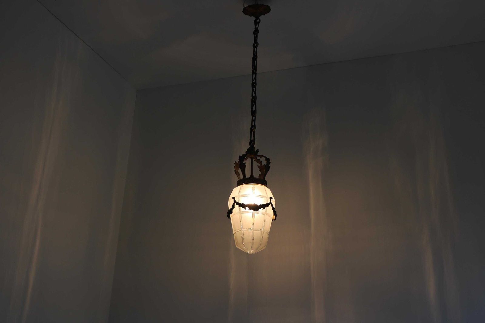 Antique French Bronze Hanging Lamp In Gilded Brass And Satin Cut Glass Etched Glass Art Deco Crown Ceiling Lamp ,1930s photo 831.0