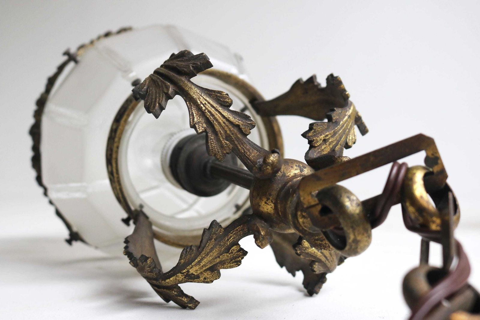 photo furniture Antique French Bronze Hanging Lamp In Gilded Brass And Satin Cut Glass Etched Glass Art Deco Crown Ceiling Lamp ,1930s