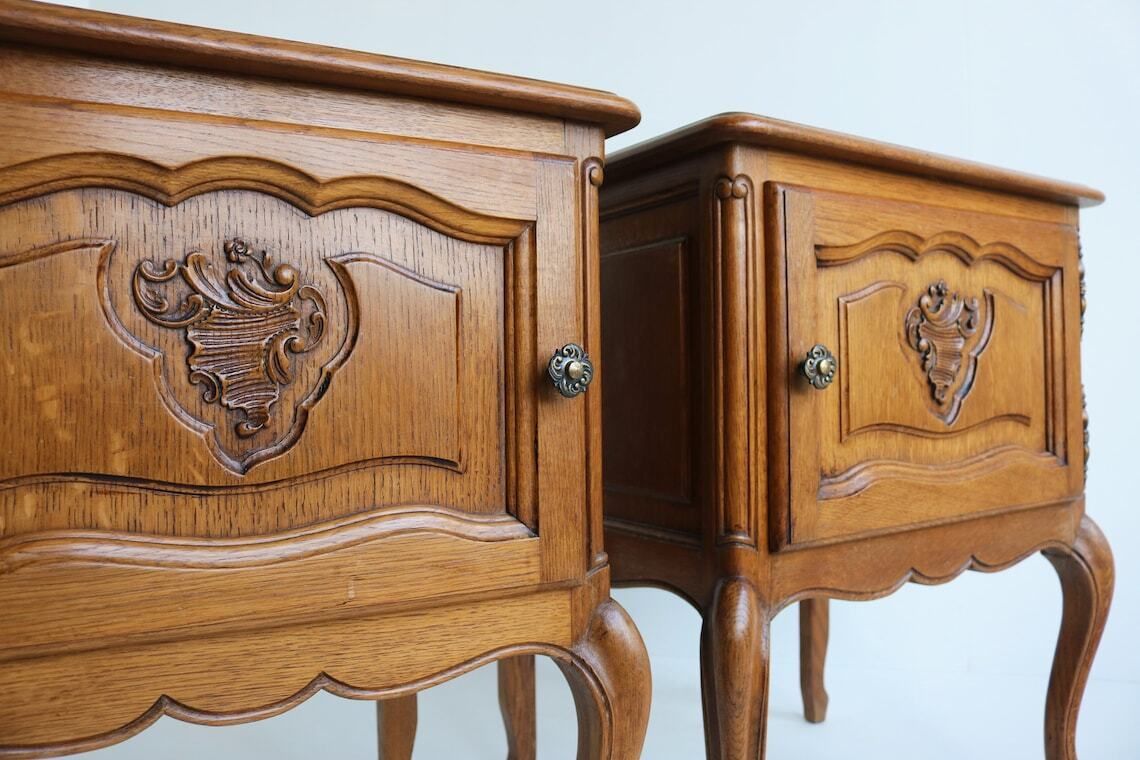 Handcarved Country French Louis XVI Style Antique Style Handmade Oak Nightstands 1960 Doors Midcentury Bedside Tables Vintage End Tables photo for sale