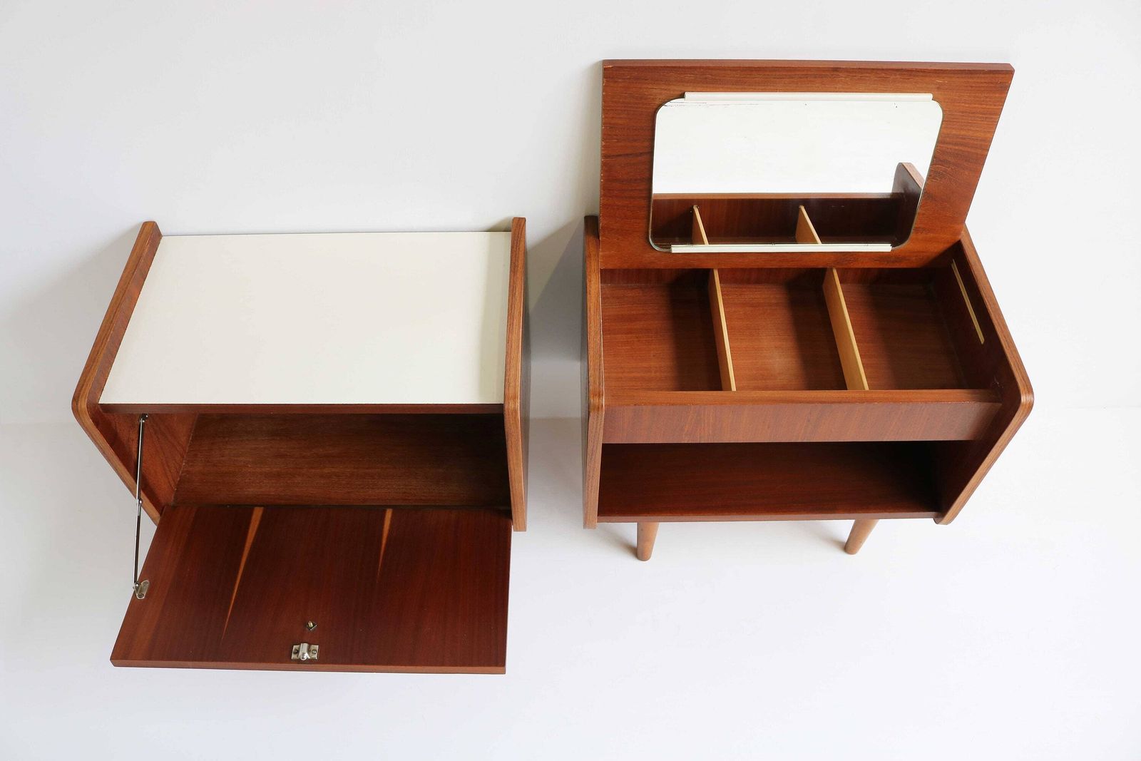 Pair Of Midcentury Modern Teak Veneer Nightstands With White Formica Tops Mirror Scandinavian 60 Bedside Table Additional Side Table Danish photo 840.0