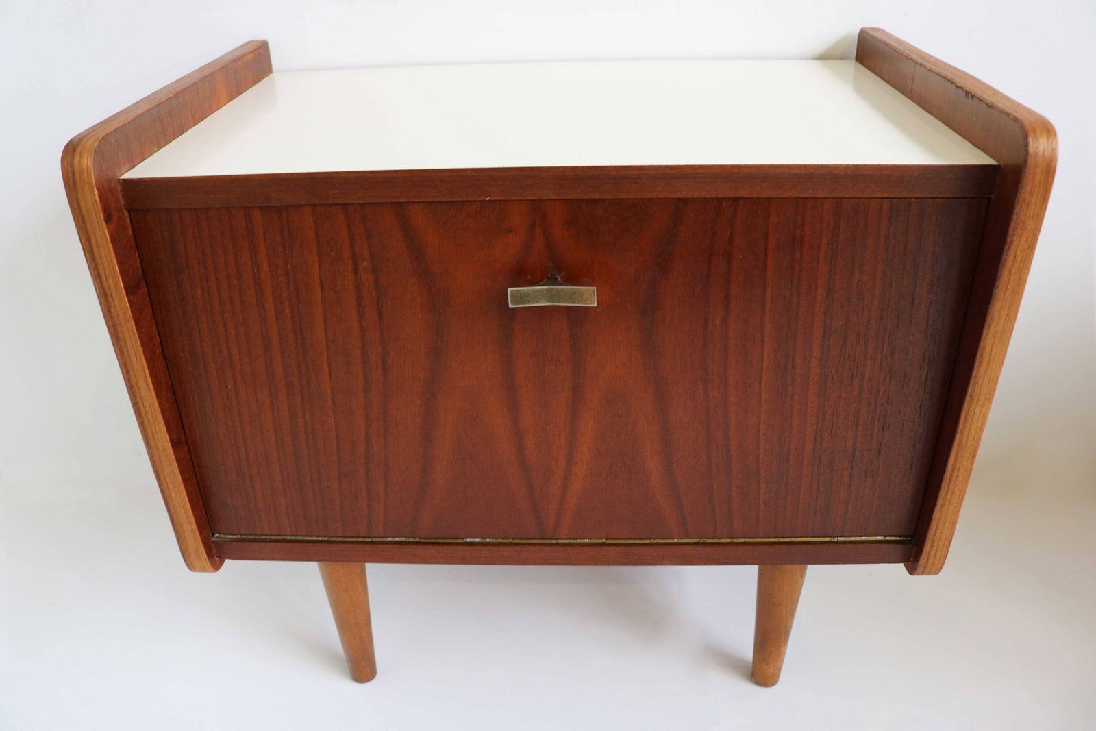 Pair Of Midcentury Modern Teak Veneer Nightstands With White Formica Tops Mirror Scandinavian 60 Bedside Table Additional Side Table Danish photo vinterior