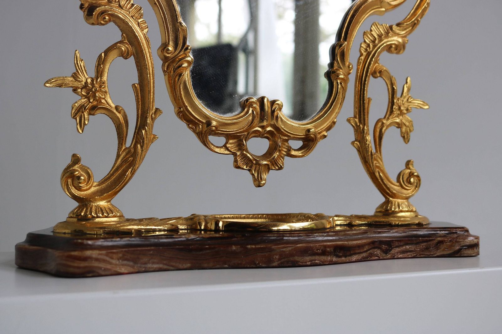 Mid Century Ornate Gilded Casted Brass Brown Marble Vanity Mirror Dressing Tabletop Mirror Gold Romantic 1960 Classic Antique Style Folding photo Home Decor