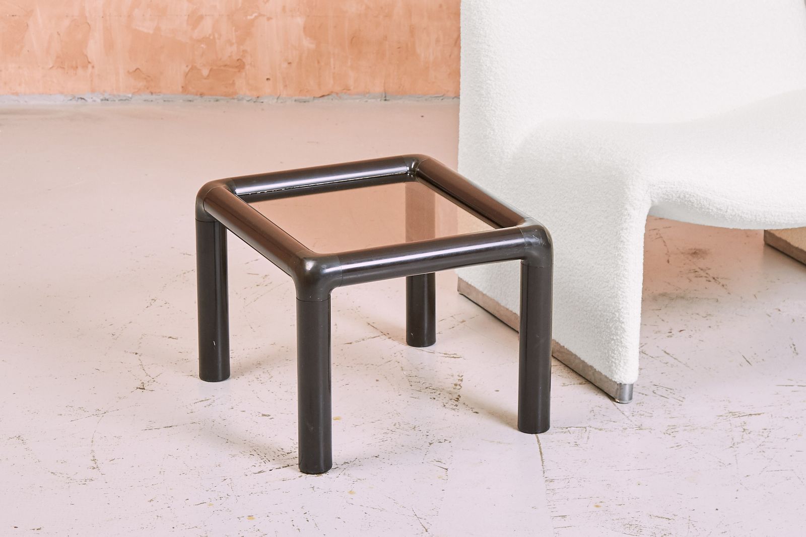 Small 1980s Black Tubular Plastic Side Table With Smoked Glass   Post Modern