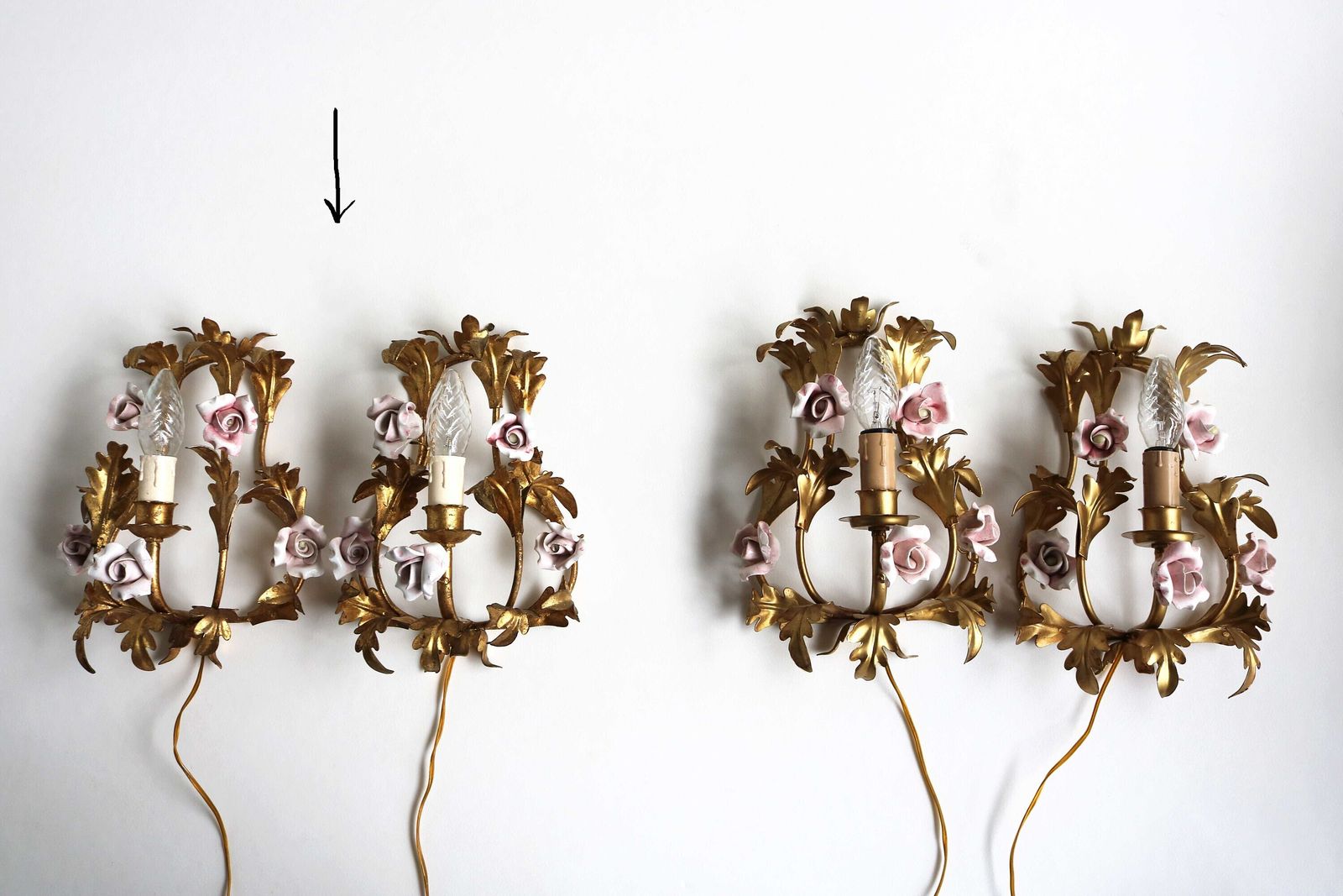 photo for sale Pretty Pair Of Gilded Tole Italian Wall Sconces With Hand Made Pink Porcelain Roses Flower Wall Lights Hollywood Regency Romantic 1950 1960