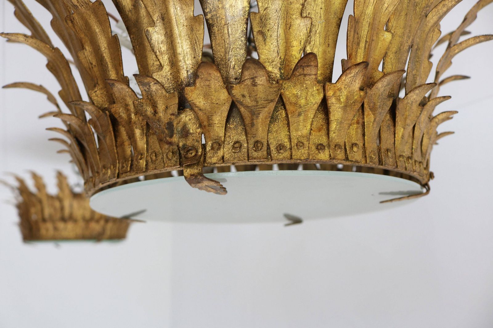 Pair Maison Bagues Style Gilt Tole Crown Light Sunburst Flush Mount Pendant Ceiling Light Leaf Motifs Frosted Glass Hollywood Regency 1950s photo for sale