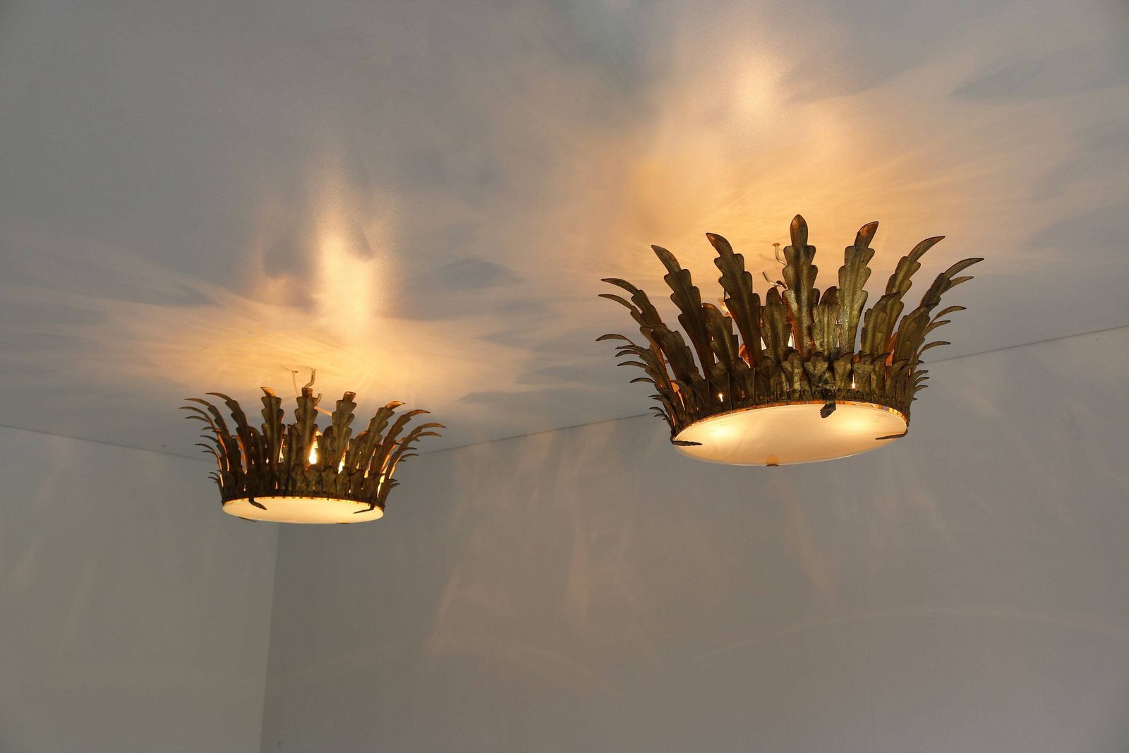 Pair Maison Bagues Style Gilt Tole Crown Light Sunburst Flush Mount Pendant Ceiling Light Leaf Motifs Frosted Glass Hollywood Regency 1950s photo Lighting