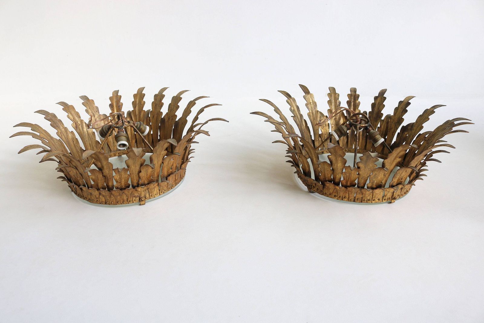 Pair Maison Bagues Style Gilt Tole Crown Light Sunburst Flush Mount Pendant Ceiling Light Leaf Motifs Frosted Glass Hollywood Regency 1950s photo vintage
