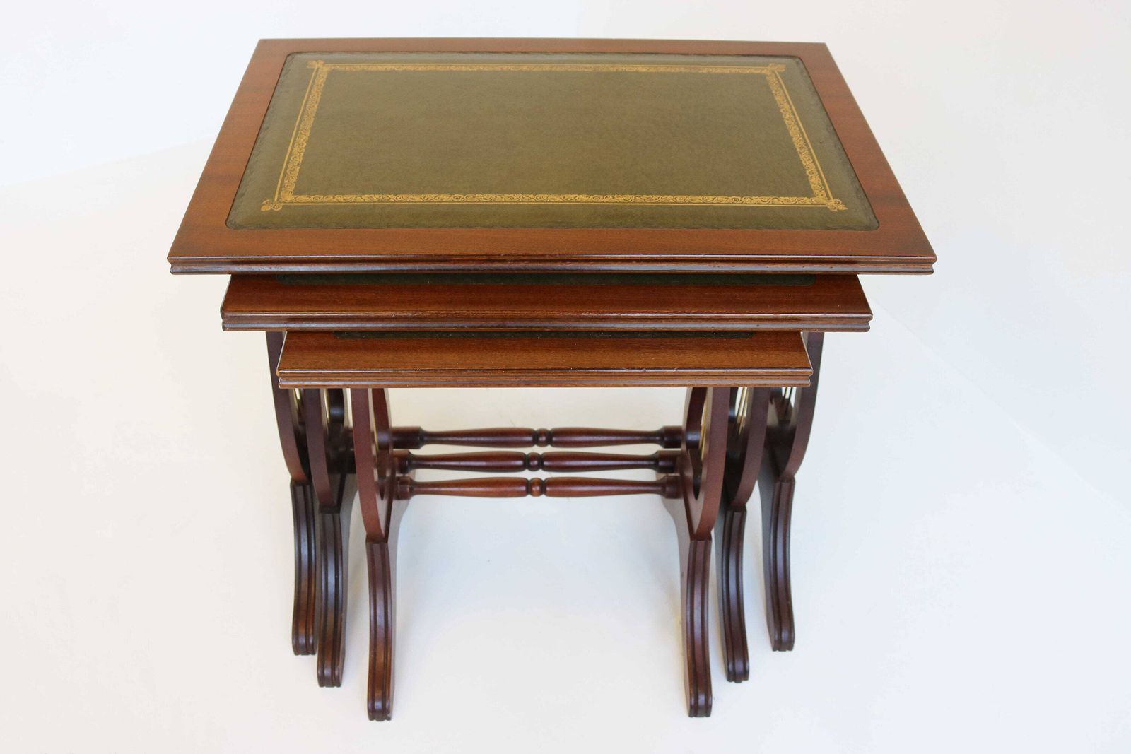 Mid Century Wooden Nesting Tables With Green Leather Tops Harp Shaped Legs Set Of Three Sides Tables Antique Style Nest Of Tables Mimiset 70 photo for sale