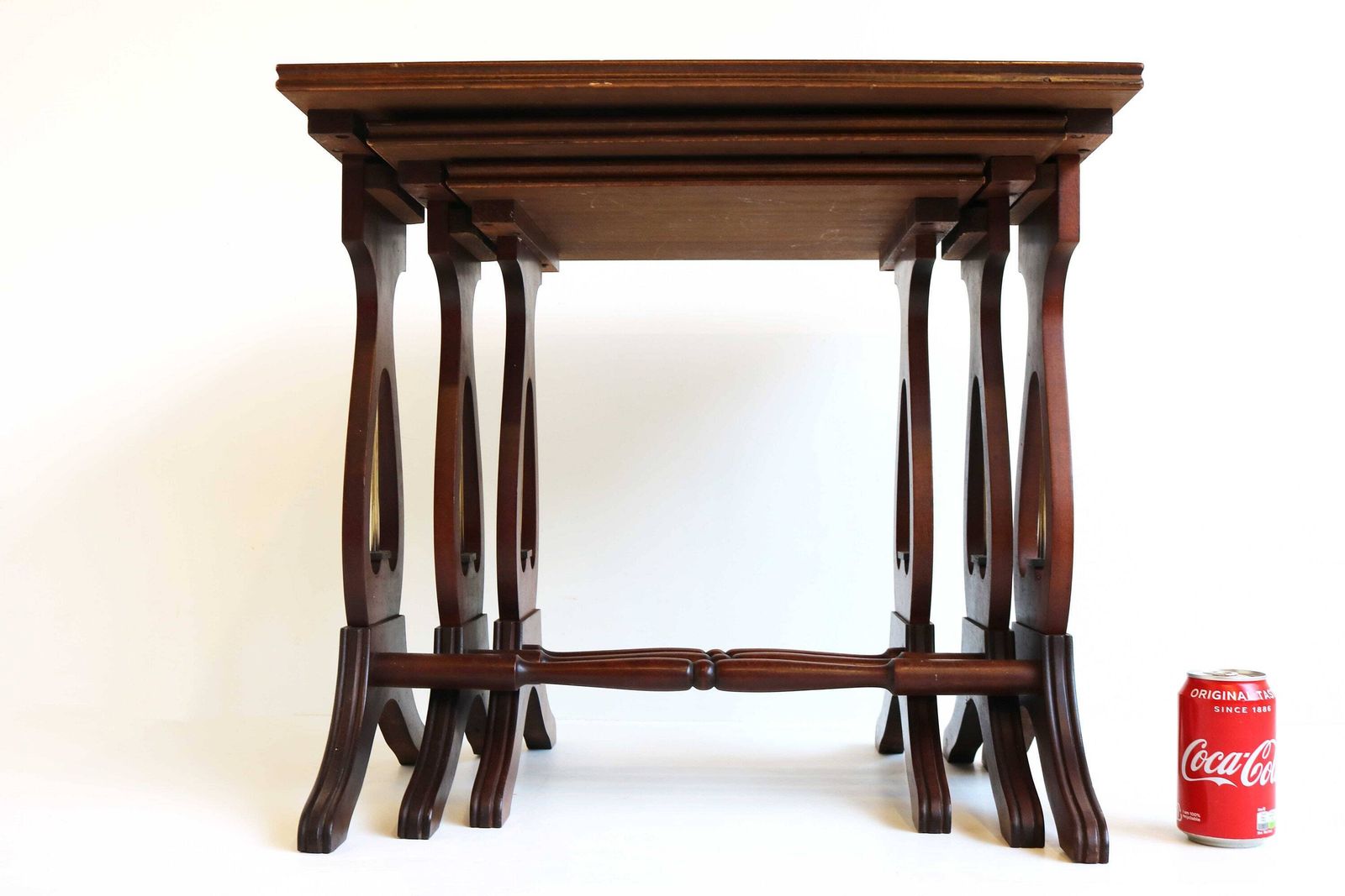 photo for sale Mid Century Wooden Nesting Tables With Green Leather Tops Harp Shaped Legs Set Of Three Sides Tables Antique Style Nest Of Tables Mimiset 70