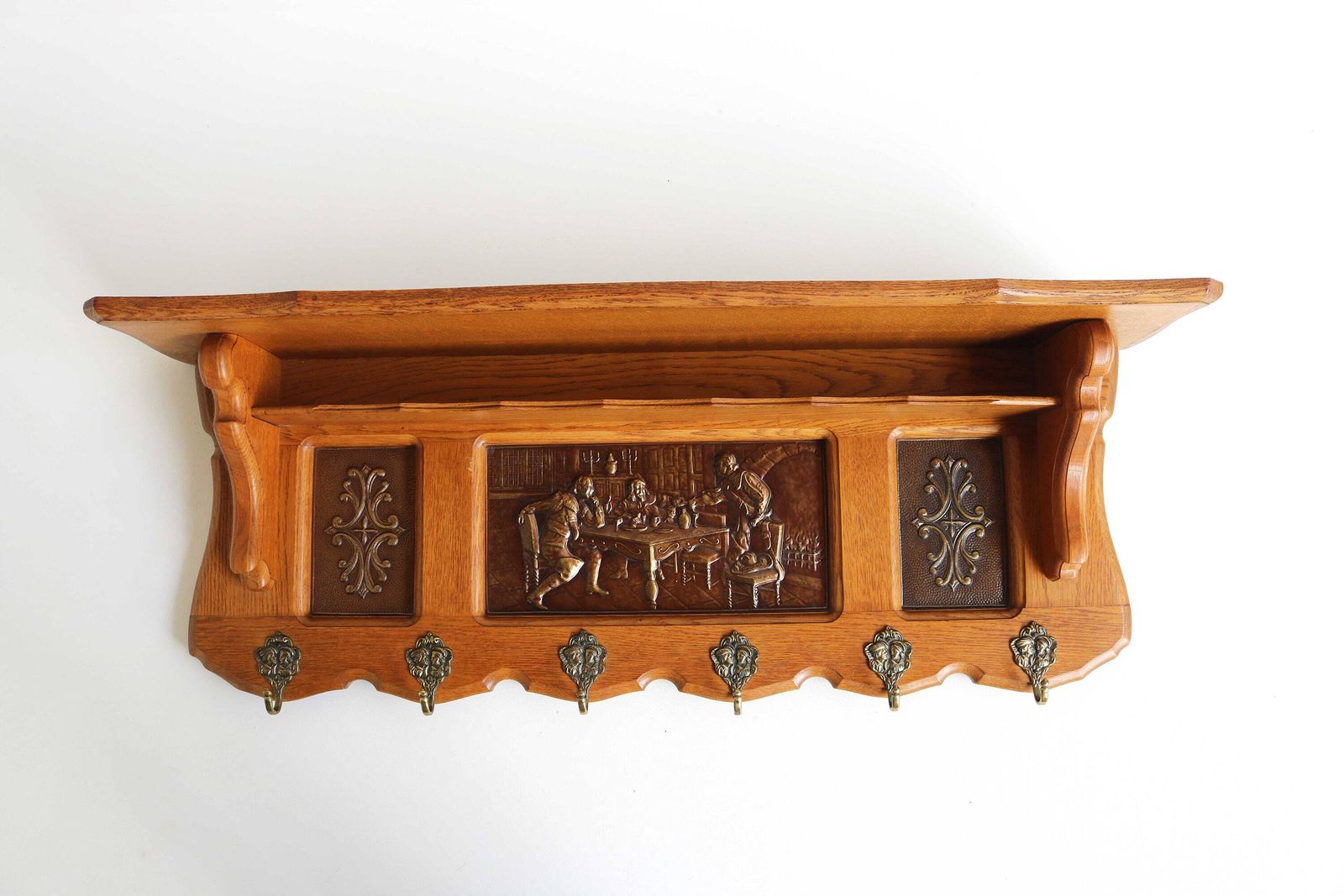 Mid Century Oak Wooden Coat Rack Vintage Hat Rack Hall Rack Kitchen Rack Brass Hooks Top Shelf Antique Style Book Shelf Country Farmhouse photo furniture