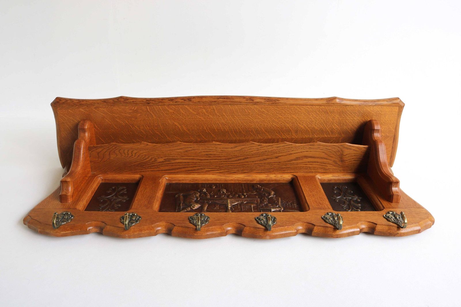 Mid Century Oak Wooden Coat Rack Vintage Hat Rack Hall Rack Kitchen Rack Brass Hooks Top Shelf Antique Style Book Shelf Country Farmhouse photo buy