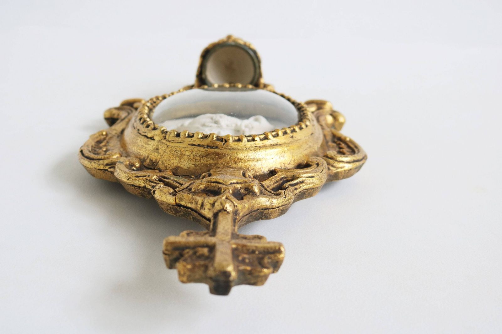 Antique Ornate Holy Water Font Sacred Heart Of Jesus Christ Oval Meerschaum Convex Glass Domed Glass Gold Gilded Carved Wood Cross French photo vintage