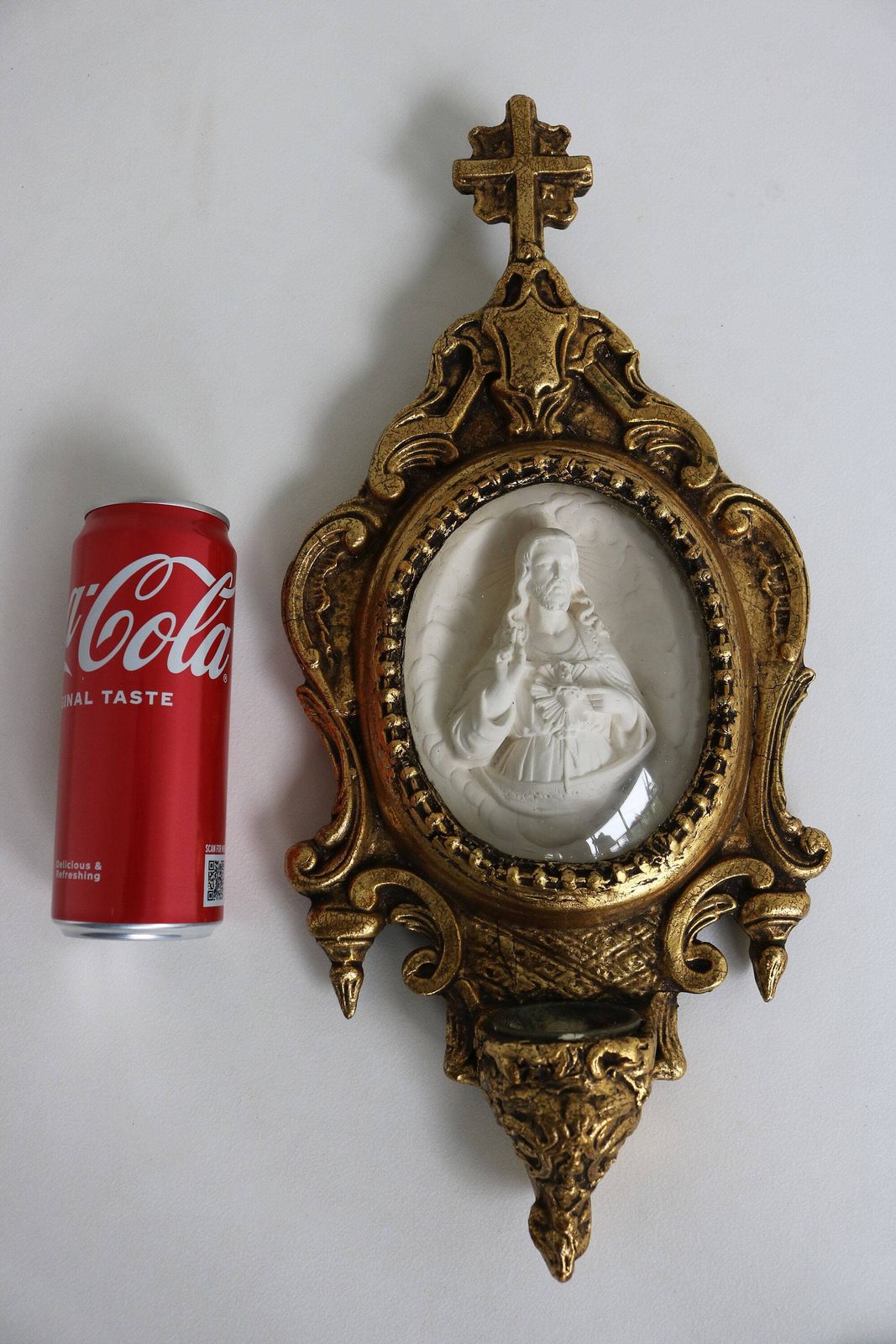 photo for sale Antique Ornate Holy Water Font Sacred Heart Of Jesus Christ Oval Meerschaum Convex Glass Domed Glass Gold Gilded Carved Wood Cross French