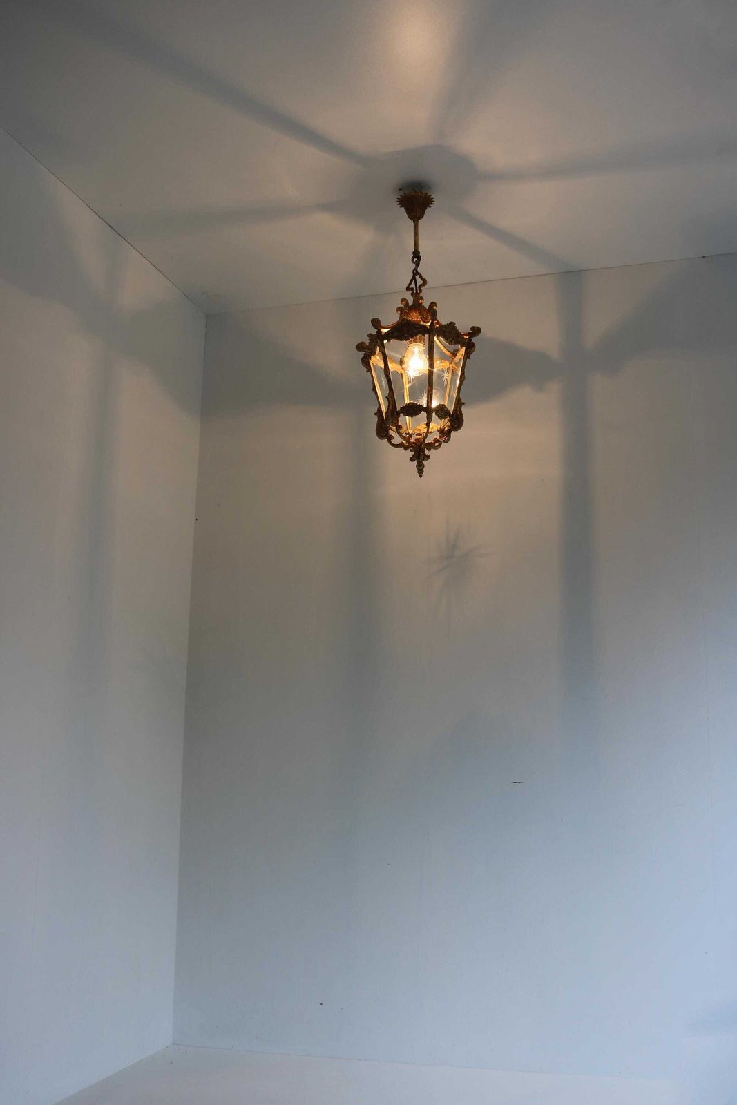Antique Style French Hanging Lantern Louis XV Style Casted Brass & Etched Starburst Glass Hall Light Vestibule Lantern 1950 photo for sale