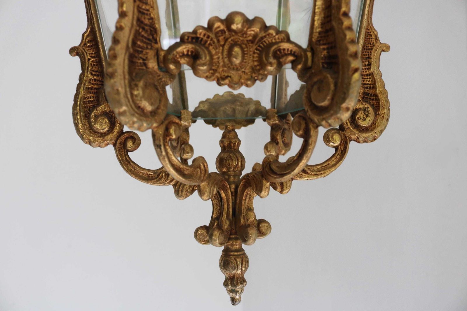 photo furniture Antique Style French Hanging Lantern Louis XV Style Casted Brass & Etched Starburst Glass Hall Light Vestibule Lantern 1950