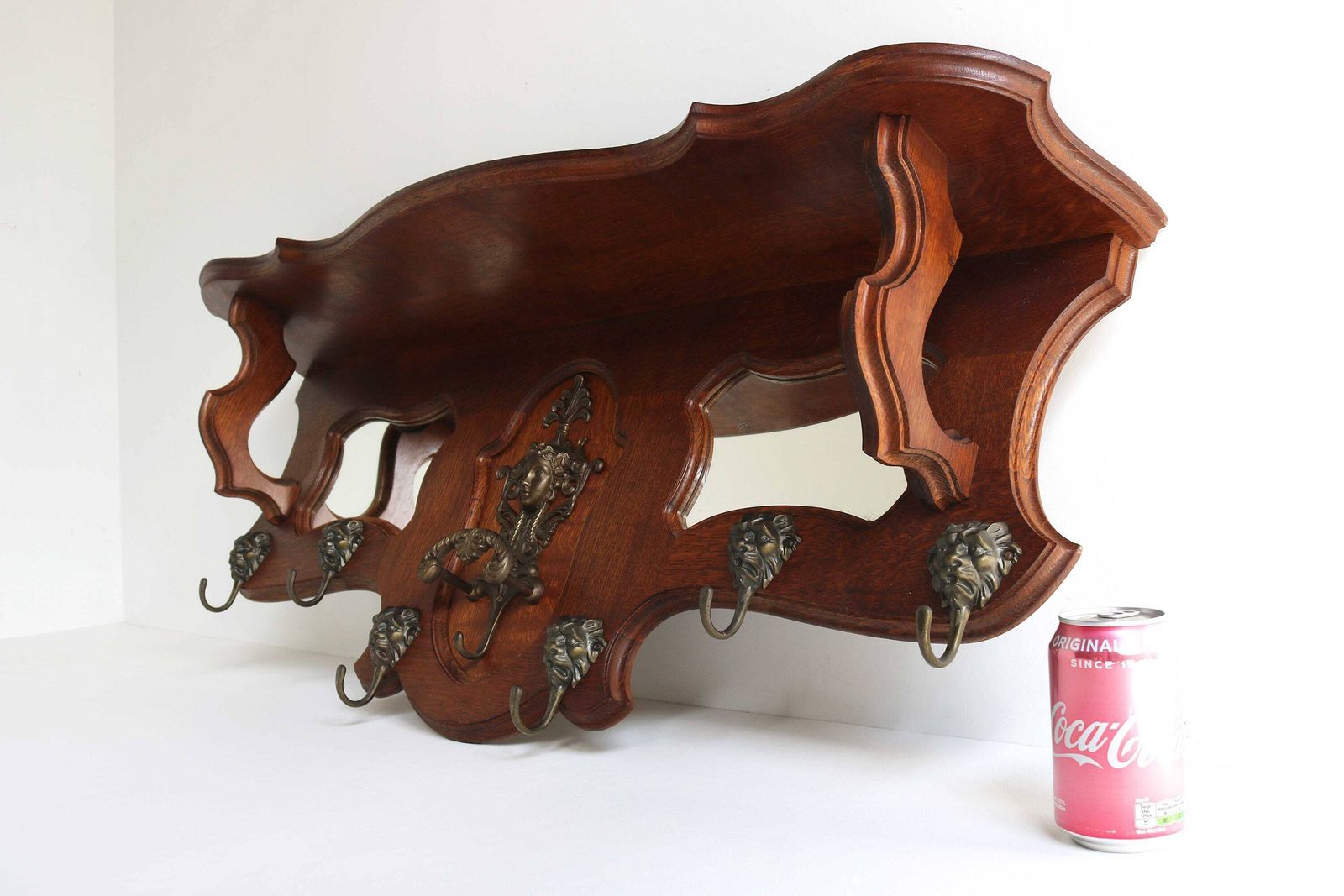 photo furniture Antique Style Country Rustic Wall Hanging Coat Rack Classical Era Wooden Hall Rack Oak Hat Rack Mirrors Brass Lion Hooks Mid 20th Century