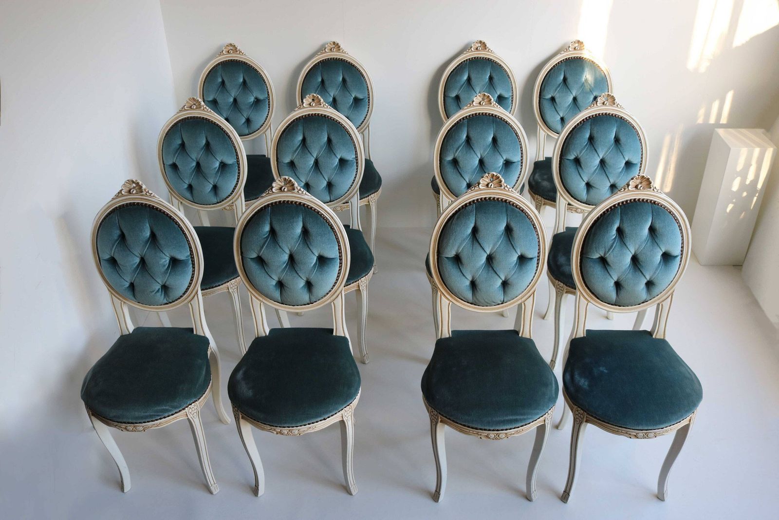 photo for sale Romantic Couple Blue Velvet Small Side Chairs Italian Dining Chairs Pair Vanity Chairs Bedroom Chairs Louis XV Regency Antique Baroque Style