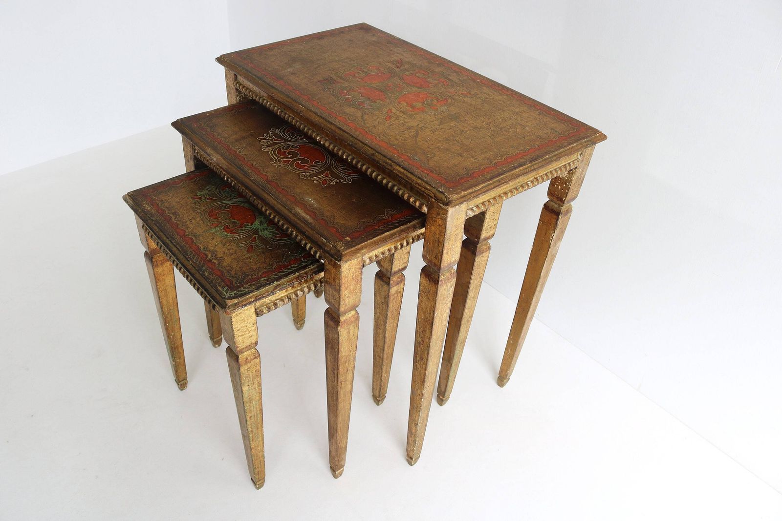 Set Of Three Italian Florentine Gold Hollywood Regency Wood Stacking Nesting Tables Straight Legs Additional Tables Side Tables 1960s photo furniture