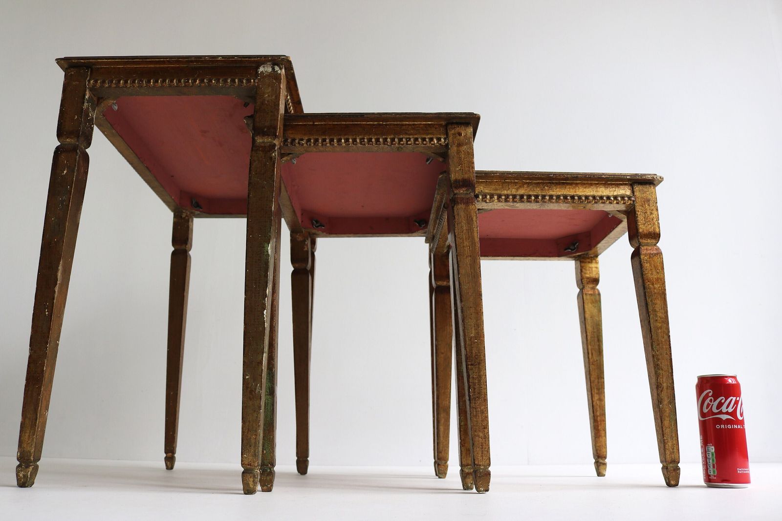 photo furniture Set Of Three Italian Florentine Gold Hollywood Regency Wood Stacking Nesting Tables Straight Legs Additional Tables Side Tables 1960s